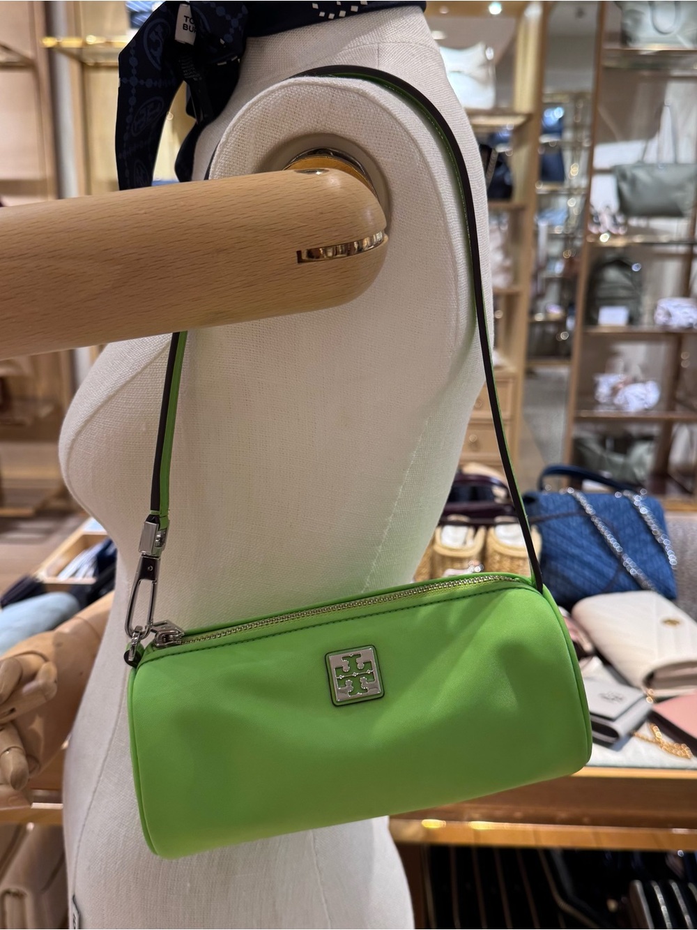 NWT Tory Burch 169167 BonBon Virginia Cylinder Bag Sugared Apple Green Silver